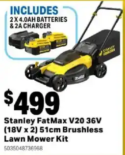 Mitre 10 Stanley FatMax V20 36V (18V x 2) 51cm Brushless Lawn Mower Kit offer