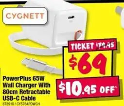 JB Hi-Fi Cygnett PowerPlus 65W Wall Charger With 80cm Retractable USB-C Cable offer