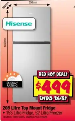 JB Hi-Fi Hisense 205 Litre Top Mount Fridge offer