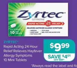 Ramsay Pharmacy Zyrtec Rapid Acting 24 Hour Relief Relieves Hayfever Allergy Symptoms 10 Mini Tablets offer