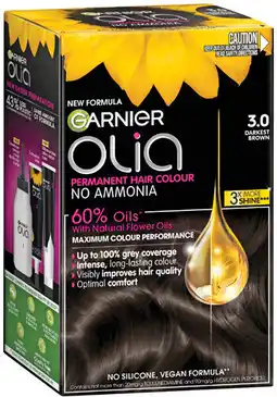 Priceline Garnier Olia 3.0 Darkest Brown Permanent Hair Colour No Ammonia 60% Oils offer