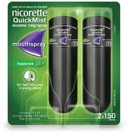 Priceline Nicorette Quickmist Nicotine 1mg Mouth Spray Freshmint 2 x 150 Sprays offer