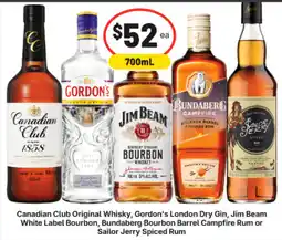 IGA Liquor Canadian Club Original Whisky, Gordon's London Dry Gin, Jim Beam White Label Bourbon, Bundaberg Bourbon Barrel Campfire Rum o offer
