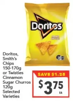 Supa Valu Doritos, Smith's Chips or Twisties Cinnamon Sugar Churros offer