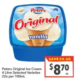 Supa Valu Peters Original Ice Cream 4 Litre Selected Varieties offer