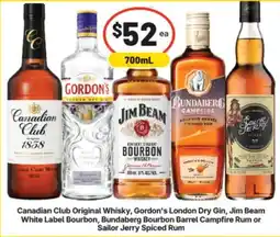 Supa Valu Canadian Club Original Whisky, Gordon's London Dry Gin, Jim Beam White Label Bourbon, Bundaberg Bourbon Barrel Campfire Rum o offer