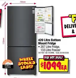 JB Hi-Fi LG 420 Litre Bottom Mount Fridge offer