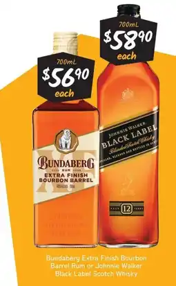 Cellarbrations Bundaberg Extra Finish Bourbon Barrel Rum or Johnnie Walker Black Label Scotch Whisky offer