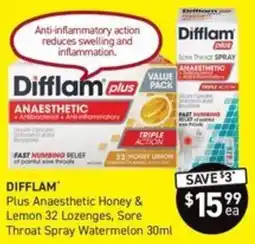 Chemist King Diffilam Plus Anaesthetic Honey & Lemon 32 Lozenges, Sore Throat Spray Watermelon 30ml offer