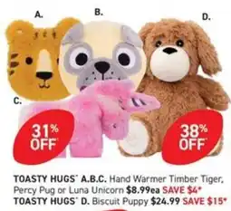 Chemist King TOASTY HUGS A.B.C. Hand Warmer Timber Tiger, Percy Pug or Luna Unicorn offer