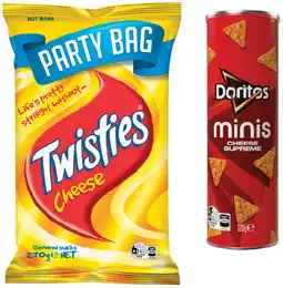 IGA Twisties Party Bag 125-270g or Doritos Cheese Supreme 120g Minis Canister Selected Varieties offer