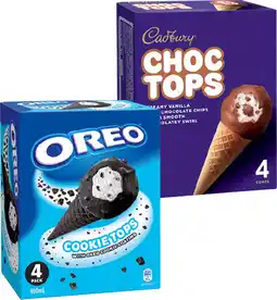 IGA Cadbury Choc Tops or Oreo Cookie Top Ice Cream Cones 4 Pack offer