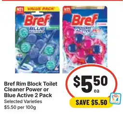 Ritchies Bref Rim Block Toilet Cleaner Power or Blue Active 2 Pack offer