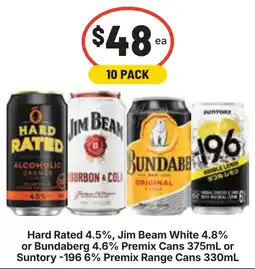Ritchies Hard Rated, Jim Beam White, Bundaberg or Suntory -196 Premix Cans offer