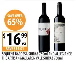 Supabarn Sequent Barossa Shiraz and Allegiance The Artisan Maclaren Vale Shiraz offer