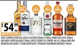 Supabarn Jose Cuervo Especial Gold & Silver Tequila, Roku Gin, Bacardi Carta Blanca, Wild Turkey 81 Proof, Jim Beam Black Aged 7 Years offer