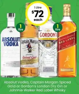 The Bottle O Absolut Vodka, Captain Morgan Spiced Gold or Gordon's London Dry Gin or Johnnie Walker Red Label Whisky offer