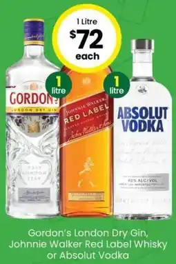 The Bottle O Gordon's London Dry Gin, Johnnie Walker Red Label Whisky or Absolut Vodka offer