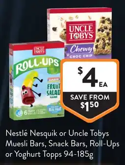 Foodworks Nestlé Nesquik or Uncle Tobys Muesli Bars, Snack Bars, Roll-Ups or Yoghurt Topps offer