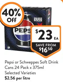 Foodworks Pepsi or Schweppes Soft Drink Cans 24 Pack x 375ml Selected Varieties offer