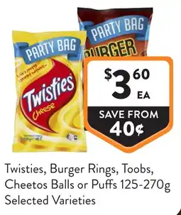 Foodworks Twisties, Burger Rings, Toobs, Cheetos Balls or Puffs offer