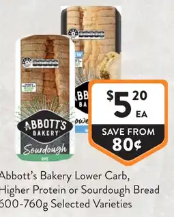 Foodworks Abbott's Bakery Lower Carb, Higher Protein or Sourdough Bread offer