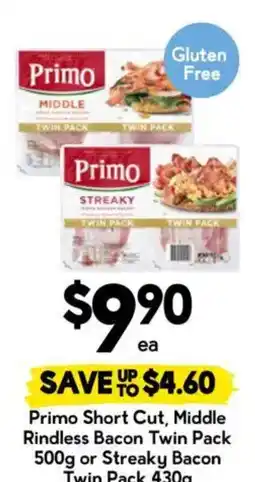 Drakes Primo Short Cut, Middle Rindless Bacon Twin Pack or Streaky Bacon Twin Pack offer