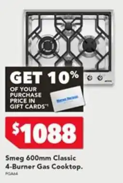 Harvey Norman Smeg 600mm Classic 4-Burner Gas Cooktop offer