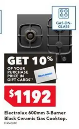 Harvey Norman Electrolux 600mm 3-Burner Black Ceramic Gas Cooktop offer