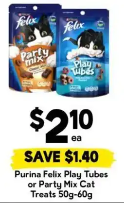 Drakes Purina Felix Play Tubes or Party Mix Cat Treats offer