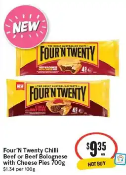 IGA Four'n Twenty Chilli Beef or Beef Bolognese with Cheese Pies offer