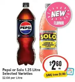 IGA Pepsi or Solo 1.25 Litre Selected Varieties offer