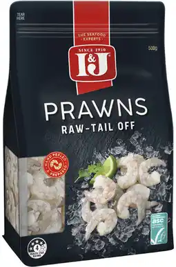 Coles I&J Raw Peeled Prawns Tail Off offer