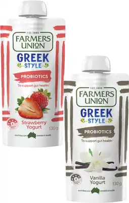 Coles Farmers Union Greek Style or No Added Sugar Kids Yogurt Pouch 130g offer