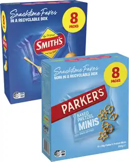Coles Smith's Crinkle Cut Potato Chips or Parker's Pretzels 8 Pack 152g-200g offer