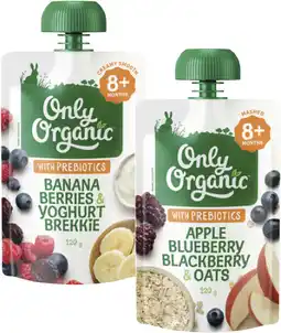 Coles Only Organic 4 Months+, 6 Months+ or 8 Months+ Baby Food Pouch 120g offer