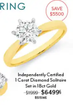Angus & Coote Independently Certified 1 Carat Diamond Solitaire Set in 18ct Gold offer