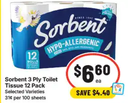 IGA Sorbent 3 Ply Toilet Tissue 12 Pack offer