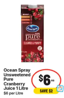 IGA Ocean Spray Unsweetened Pure Cranberry Juice offer