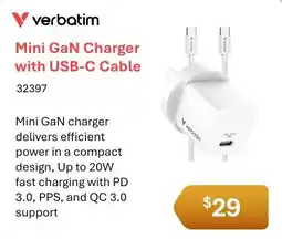 Leader Computers Verbatim Mini GaN Charger with USB-C Cable offer