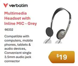 Leader Computers Verbatim Multimedia Headset with Inline MIC - Grey offer