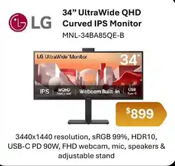Leader Computers LG 34" UltraWide QHD Curved IPS Monitor offer