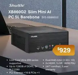 Leader Computers Shuttle XB860G2 Slim Mini AI PC 5L Barebone offer