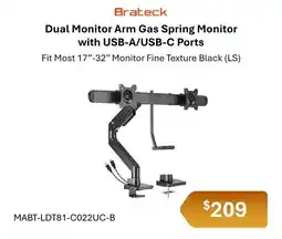 Leader Computers Brateck Dual Monitor Arm Gas Spring Monitor with USB-A/USB-C Ports offer