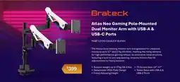 Leader Computers Brateck Atlas Neo Gaming Pole-Mounted Dual Monitor Arm with USB-A & USB-C Ports offer