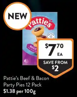 Foodworks Pattie's Beef & Bacon Party Pies offer