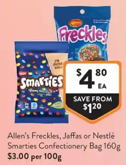 Foodworks Allen's Freckles, Jaffas or Nestlé Smarties Confectionery Bag offer