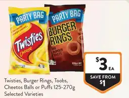 Foodworks Twisties, Burger Rings, Toobs, Cheetos Balls or Puffs offer