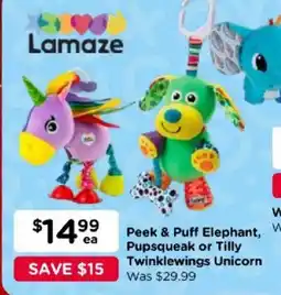Toyworld Lamaze Peek & Puff Elephant, Pupsqueak or Tilly Twinklewings Unicorn offer