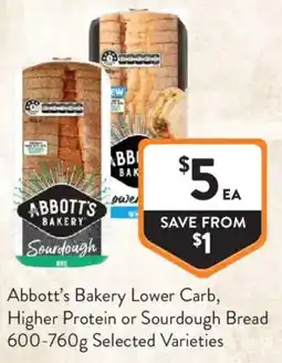 Foodworks Abbott's Bakery Lower Carb, Higher Protein or Sourdough Bread offer